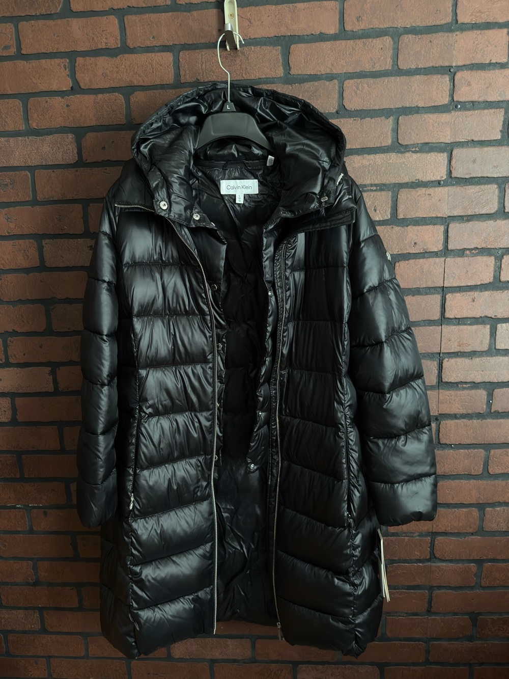 Calvin Klein Women’s Long Puffer Coat L Black Hooded 0°F Warmth NWT $180